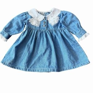 Baby Girls Denim Prairie Dress Lace Collar Heirloom Cottagecore 12M